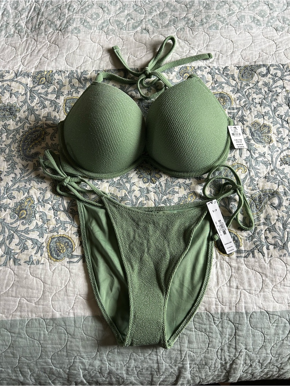 PINK Victoria's Secret Olive Green Textured Bikini Set